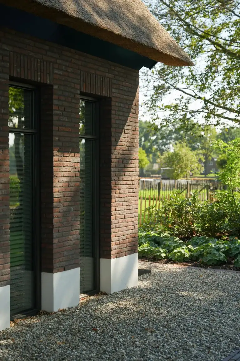 Exterieur voorgevel landhuis Venhorst met metselwerk, cement smeerplint en rieten kap