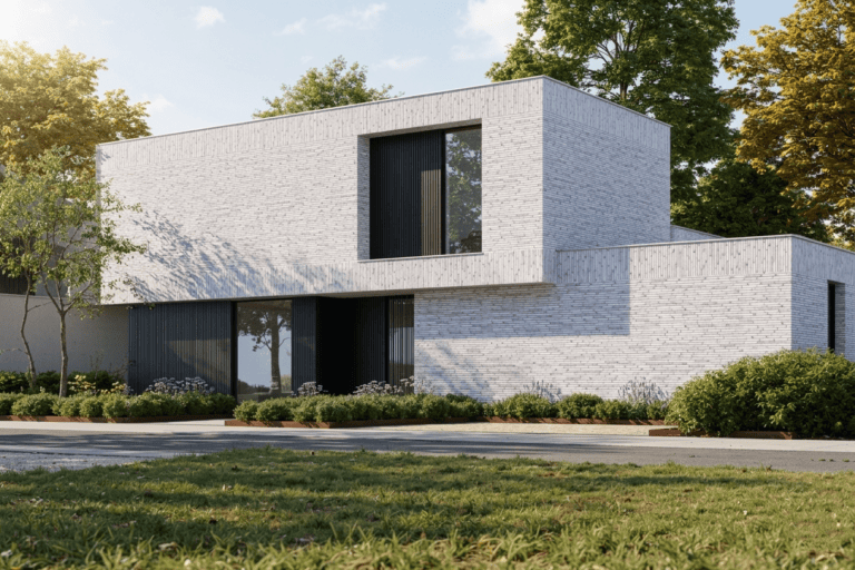 Visualisatie woning Helmond met gestapelde bakstenen volumes en verticale aluminium profielen