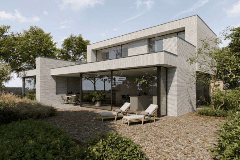 Visualisatie tuingevel woning Helmond met uitkragend volume en grote schuifpuien